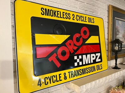 Vintage Torco MPZ Smokeless Double Sided Embossed Metal Sign 24 x