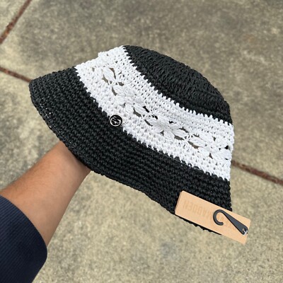 Steve Madden Bucket Hat Mixed Crochet Black White Straw Crochet Bucket Hat OSFM
