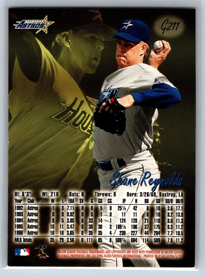 1997 Fleer Ultra Shane Reynolds Gold Medallion Parallel Houston Astros #G211 - Image 2 of 2