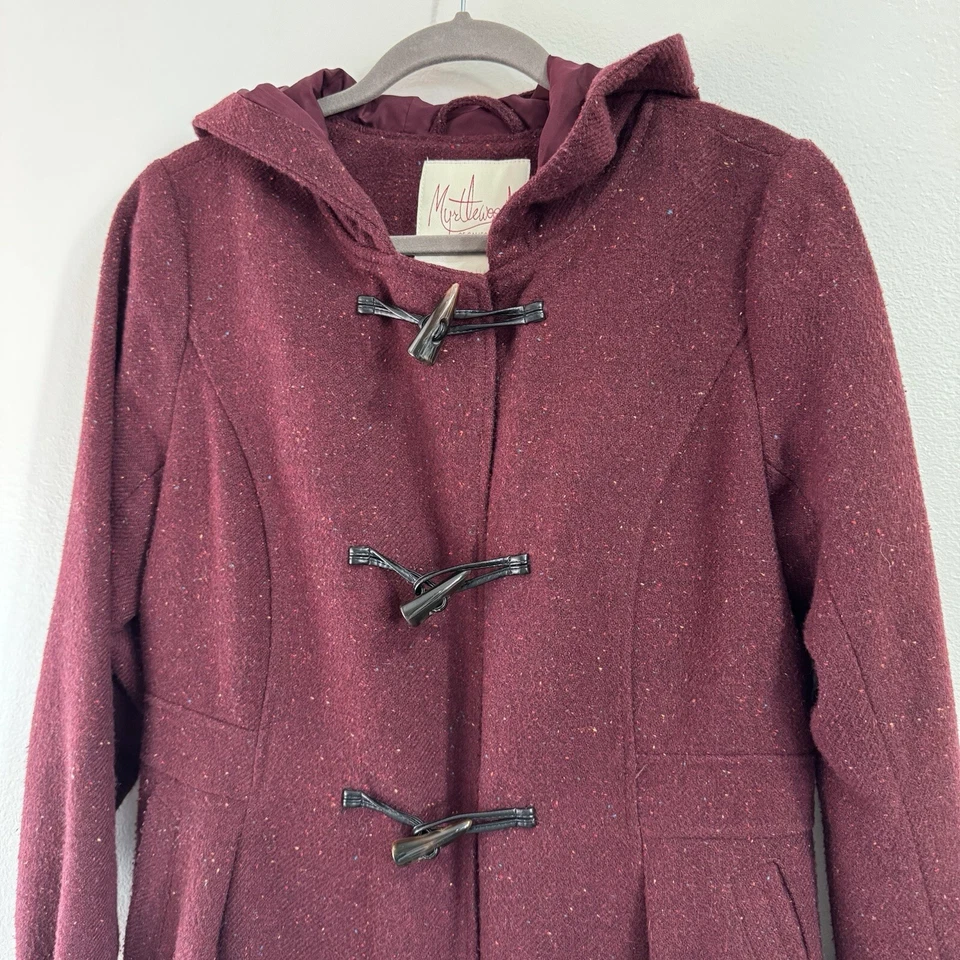 Modcloth Myrtlewood Coat Jacket L Burgundy Red Wool Toggles Hooded Ren Faire - Image 3 of 4