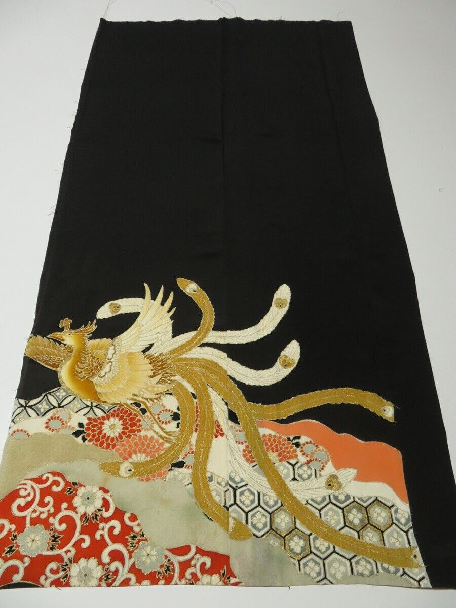 3E02z120 Vintage Japanese Kimono Silk FABRIC Black Phoenix 3E02z120 Vintage Japanese Kimono Silk FABRIC Black Phoenix