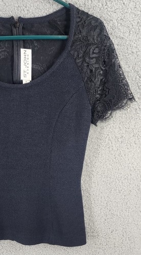 ST. JOHN EVENING Santana Knit Short Sleeve Top w Black Lace Size P - Picture 10 of 12