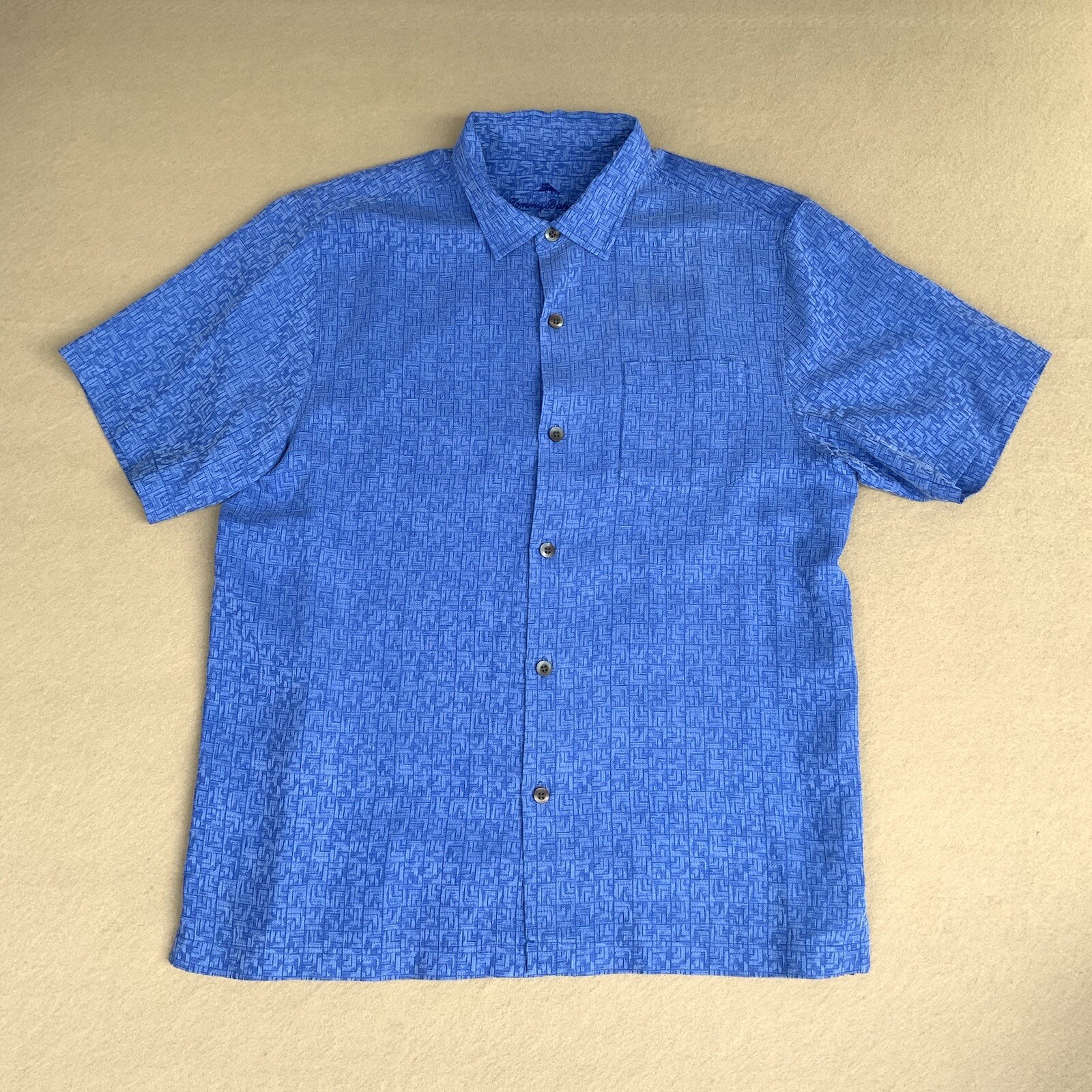 Tommy Bahama Button Up Shirt Silk Blue Geometric AOP Beach Aloha Mens LARGE