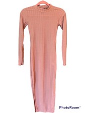 Nasty Gal Long Sleeve Turtle Neck Ribbed Dusty Pink Midi Dress Size S Split Hem