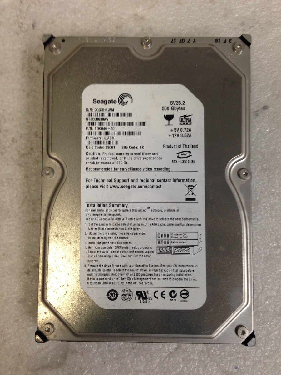 Seagate ST3500630AV P/N 9DC046-501 F/W 3.ACH 500GB IDE 3.5 Seagate ST3500630AV P/N 9DC046-501 F/W 3.ACH 500GB IDE 3.5