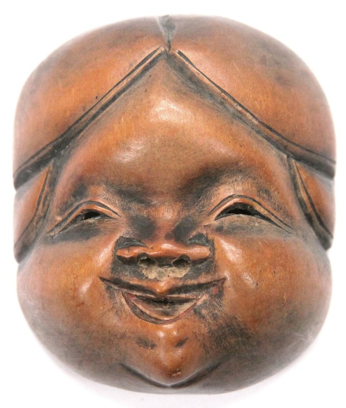 Antique Japanese Edo Period Wooden Netsuke Mennetsuke Okame Otafuku Mask Woman