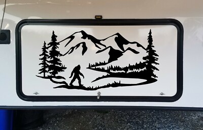 Bigfoot Mountain Scene Vinyl Decal V5 | Camper RV Trailer Sasquatch | Sticker