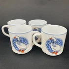 VTG Arcopal France Blue Ribbon Goose White Milk Glass Coffee Mug Cups - Set of 4
