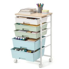 5-Drawer Rolling Storage Cart, Mobile Organizer Trolley with Wood Top and Met...