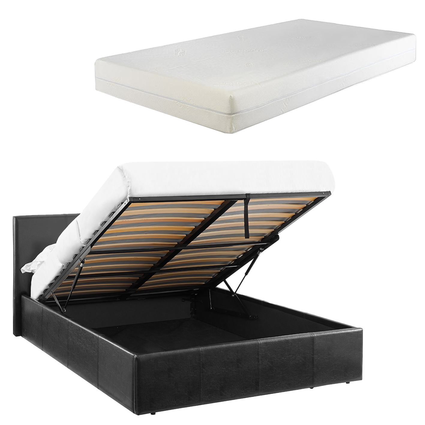 4FT6 Double Ottoman Bed Black Faux Leather + 15cm Memory Foam LUNA