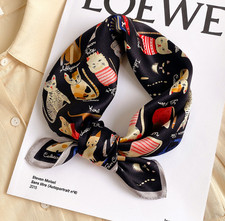 100 Silk Mulberry Shawl Black cat Print Bandana Scarf 53X53cm Neckerchief Wrap