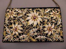 VTG Zardozi Clutch Purse 3D Gold Metallic Silk Embroidery Ruby Jewels
