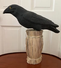 Vintage Paper Mache Black Raven Decoy Halloween Decor Straw Barrel Stand 