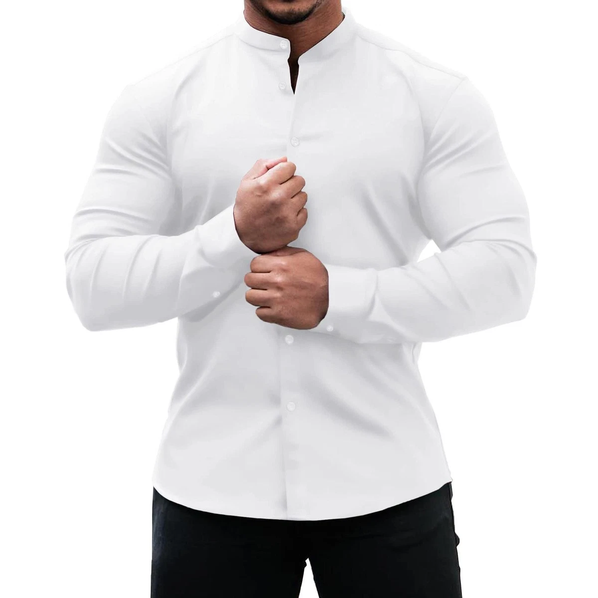 slim fit collarless dress shirt Men Ceremonia Formal Cotton Shirt Collarless Slim Fit Turkey #HB 33 White/Black, Men's, Size: 2XL,18-18.5 neck main image 0