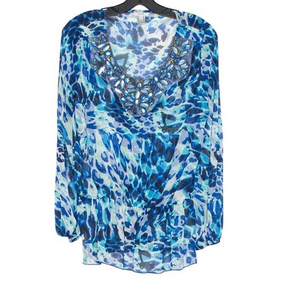 Cache Vintage Top Y2K Coastal Grandma Boho Cottage Sheer Embellished Blue Small