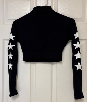 TEAM CHEER Cheerleading Dance Midriff Top Black w/ white stars on sleeves, Small