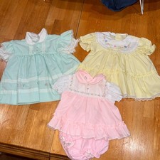 Lot 3 Vintage Baby Girls Dresses- yellow Pink green Spring Frilly 12M under 