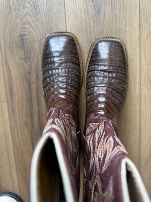 Justin Exotic Caiman Belly Square Toe 10D Chocolate Brown 