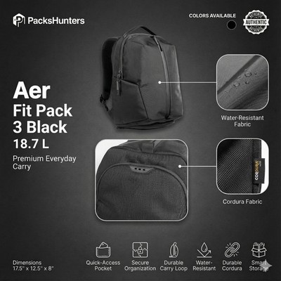 Aer Fit Pack 3 - Black Backpack Travel Laptop Bag Carry On
