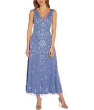 Adrianna Papell Womens Beaded V Neck Party Gown Dress, lightblue, 4