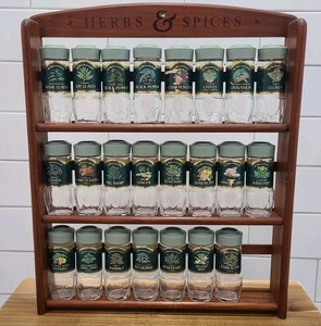 McCormick 3-Tier Wooden Spice Rack w 23 Empty Green Lid Jars Bottles Vtg 80s 90s