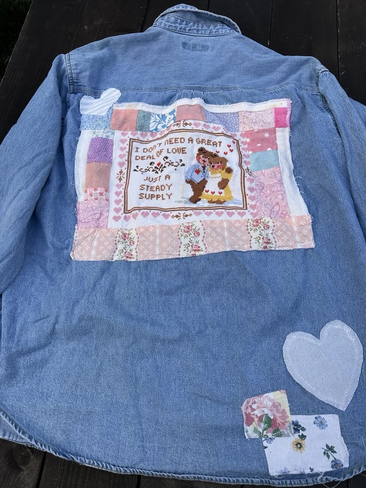 Camisa Denim Reciclada XL Mujer Cottagecore Magnolia Bolsillo Oso de Peluche Acolchado Foto 2 de 4