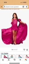 Girls' Fuchsia Formal Graduation Dress with Puff Sleeves and Train