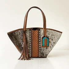 Western Cowhide Tote Bag with Fringe and Hand-Tooled Leather Design