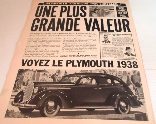 1938 PLYMOUTH SEDAN DE LUXE 4-DOOR AUTOMOBILE ORIGINAL AD IN FRENCH