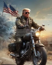 PRESIDENT DONALD TRUMP RIDING ON MOTORCYCLE FLAG PATRIOTIC 8X10 AI PHOTO