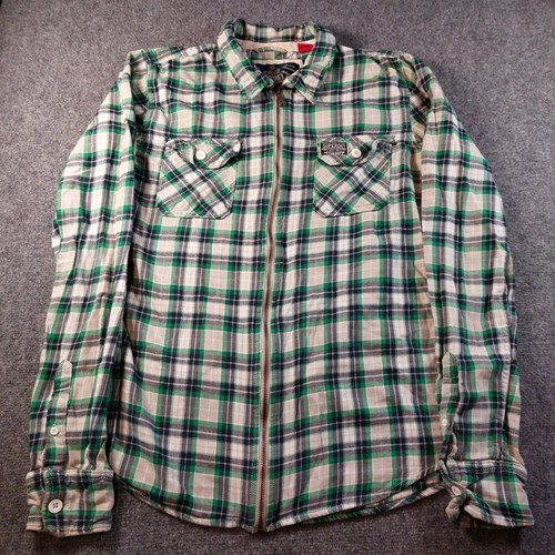 Superdry Mens Plaid Flannel Shirt L Green White Long Sleeve Full Zip Up