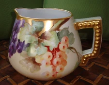 ANTIQUE BAVARIA HAND PAINTED CIDER LEMONADE PITCHER JUG VASE, GRAPES & GOLD, 8"