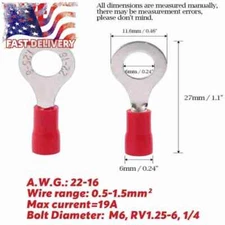 Red Cable Wire crimp Connector 6mm Ring terminal 22-16AWG  RV1.25-6 200PCS