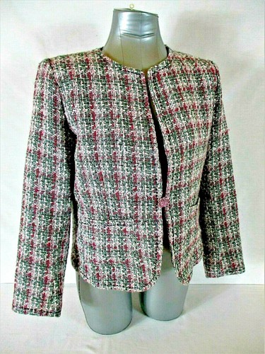 Dressbarn womens Sz PL L/S pink gray white JEWELED BUTTON tweed jacket (A9)pm - Picture 4 of 12