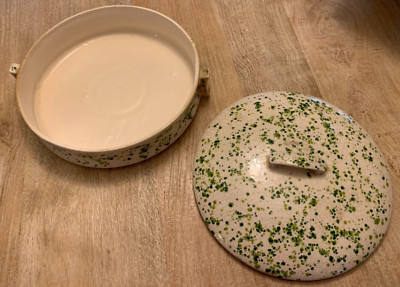 Vintage Rare ARNEL'S GREEN SPATTERWARE 12'' Covered Pottery Casserole Dish 2-PC