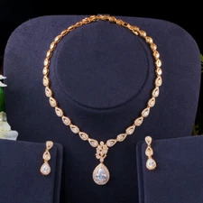 CZ Crystal Set Choker Necklace Earring Bridal Wedding Yellow Gold Plated Jewelry