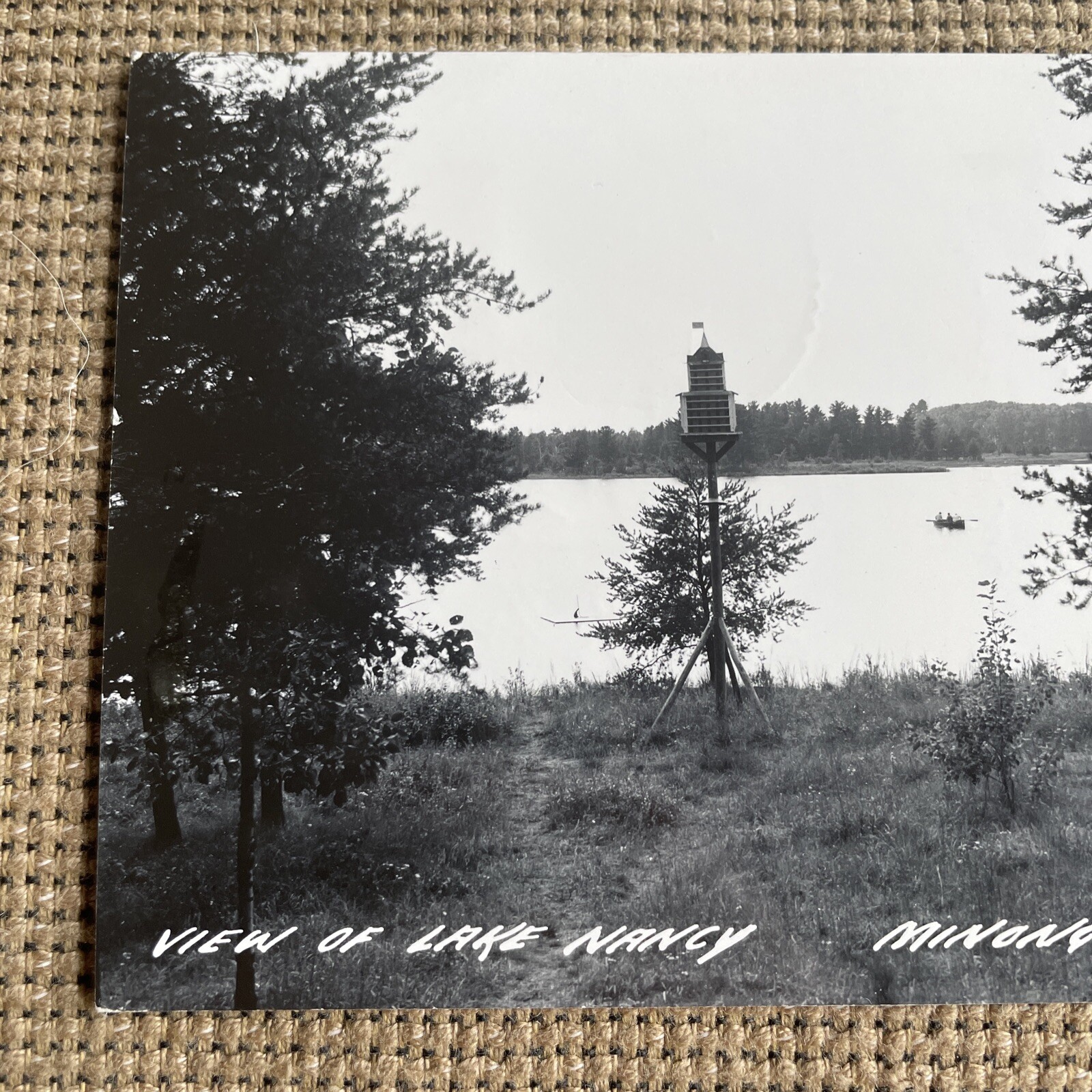 Minong WI View Of Lake Nancy Bird House Boat Real photo Postcard
