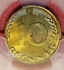 GERMANY WRONG PLANCHET ERROR! 1950-F 10 PFENNIG STRUCK ON 5 PFENNIG PCGS MS-65!