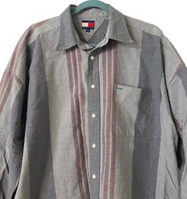 Tommy Hilfiger Shirt Mens Large Vertical Striped Button Up Shirt Crest Vintage