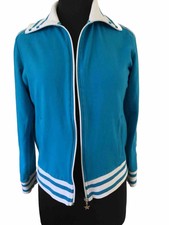 Womens Zip Up Cotton Jacket With Collar Blue White Striped Cuff M