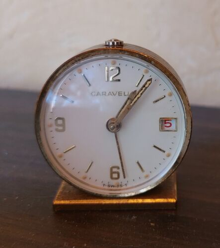 Vintage Swiss Caravelle Mini Alarm Clock, 7 Jewels And Date - Picture 1 of 6