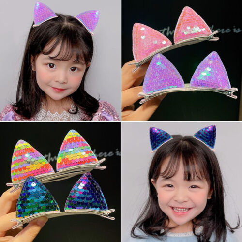 2Pcs/set Sequins Cat Ears Hairpins Glitter Hair Clip Cute Sweet Hair Accessories - Picture 1 of 26
