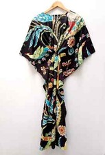 Women Cotton Black Summer Sleepwear Beach Cover Bird Printed Long Caftan Dress