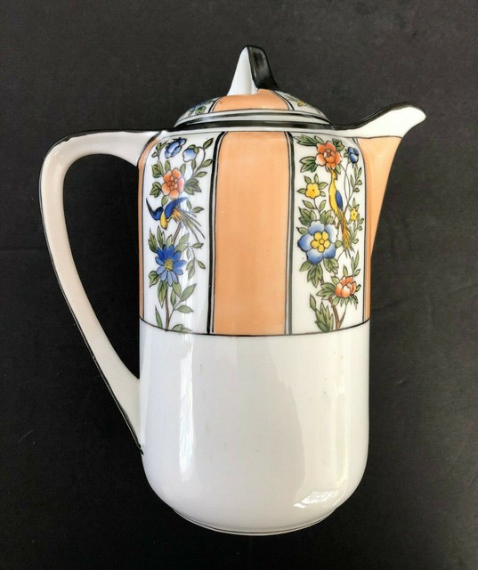 Noritake China Japan Bird Floral Orange / Peach Black Trim COFFEE POT