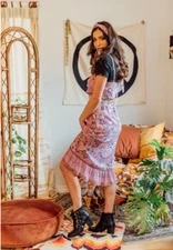 Nine Lives Bazaar Dress Size AU 18 US 14 Boho Midi Purple Floral Retro Festival