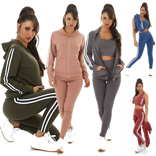 Set tuta donna completo 3 pezzi cappuccio zip felpa top pantaloni bande  nuova | eBay