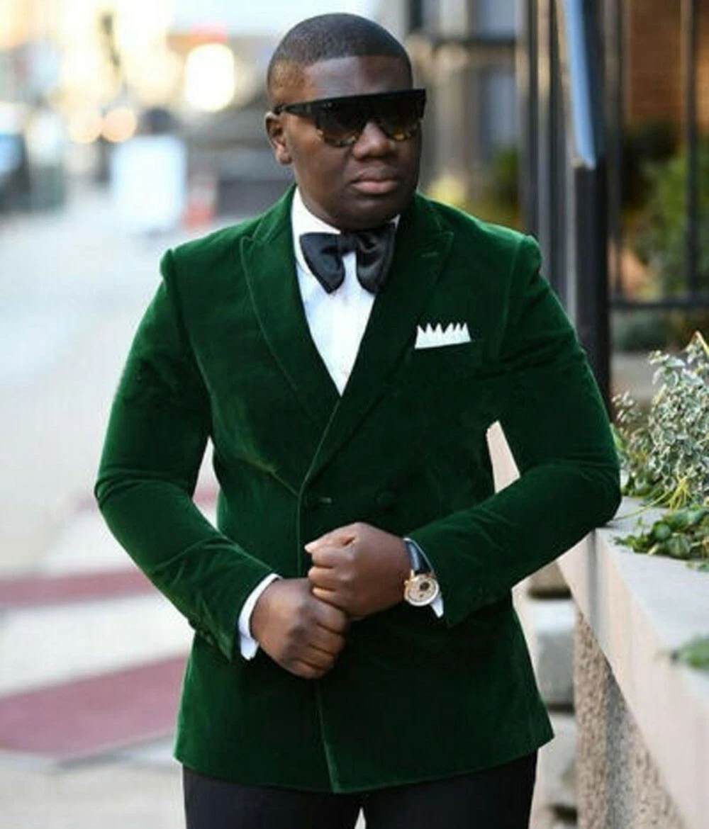 Men's Blazer Slim Fit Double Breasted Green Velvet Formal Wedding