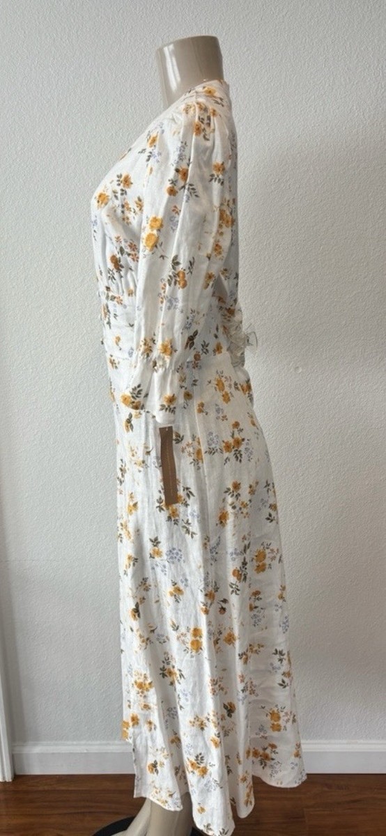 Reformation Maribel Floral Linen Midi Dress White Blue Yellow V-Neck Size  12 | eBay