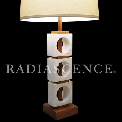 XL ALABASTER MARBLE WALNUT GEOMETRIC SCULPTURE MODERN TABLE LAMP 1960's MODELINE