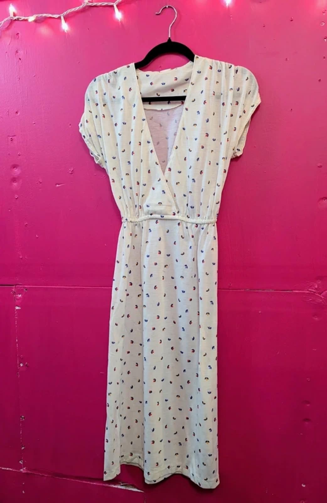 Vintage 70s Cream Wrap Around Flower Print Summer Dress S